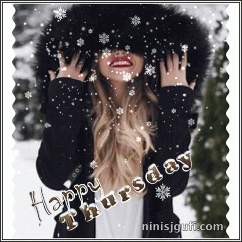 A Picture Of A Woman In The Snow With The Words Happy Thursday On It GIF