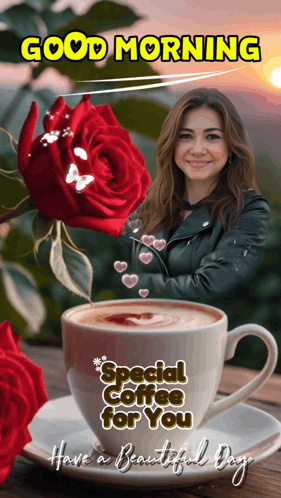 A Picture Of A Woman Next To A Cup Of Coffee That Says Good Morning GIF