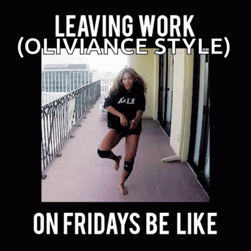 A Picture Of A Woman On A Balcony With The Caption Leaving Work Oliviance Style On Fridays Be Like GIF