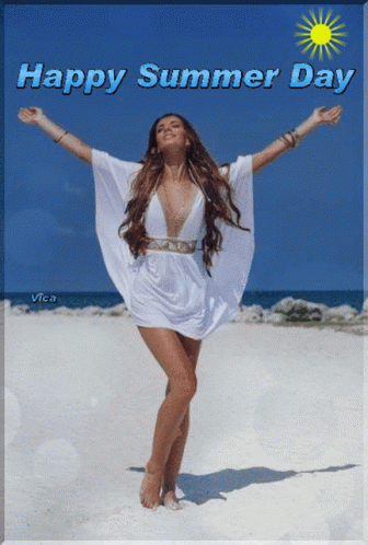 A Picture Of A Woman On The Beach With The Words Happy Summer Day GIF