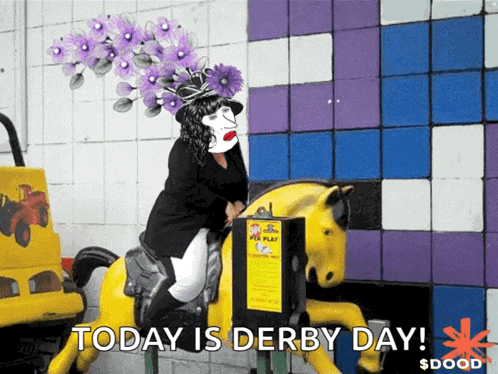 A Picture Of A Woman Riding A Merry Go Round With The Words Today Is Derby Day GIF