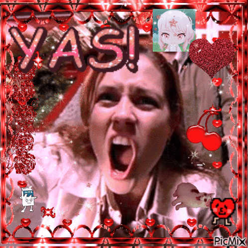 A Picture Of A Woman Screaming With The Word Yasi Written On It GIF