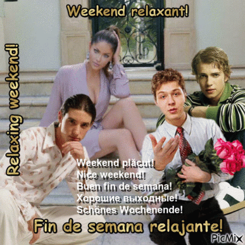 A Picture Of A Woman Sitting On A Staircase Next To Two Men With The Words Weekend Relaxant GIF