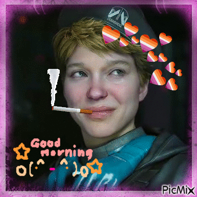 A Picture Of A Woman Smoking A Cigarette With The Words Good Morning Written On The Bottom GIF