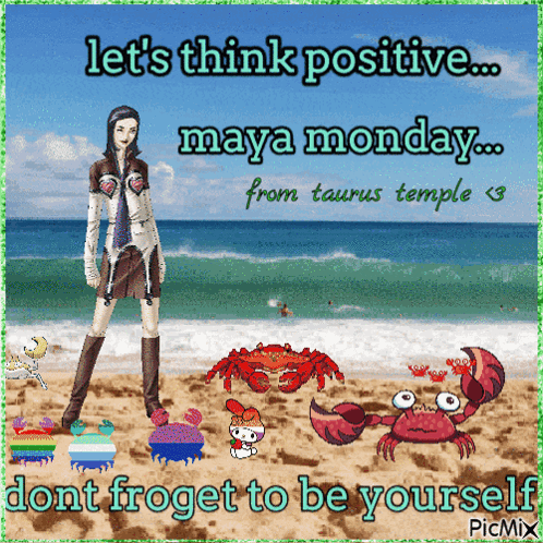 A Picture Of A Woman Standing On A Beach Says Let 'S Think Positive Maya Monday GIF