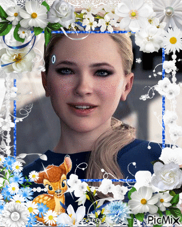 A Picture Of A Woman Surrounded By White Flowers And A Picture Of A Deer GIF