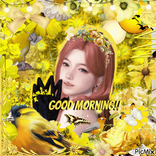A Picture Of A Woman Surrounded By Yellow Flowers And Birds With The Words Good Morning GIF