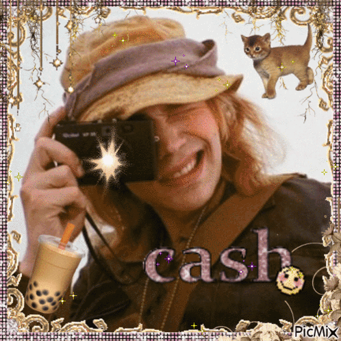A Picture Of A Woman Taking A Picture With The Word Cash Written On The Bottom GIF