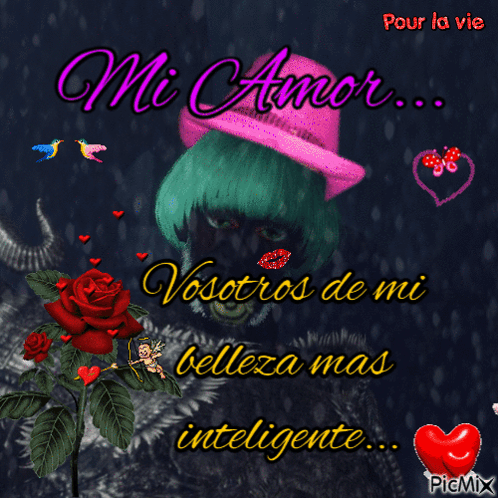 A Picture Of A Woman Wearing A Pink Hat With The Words Mi Amor GIF