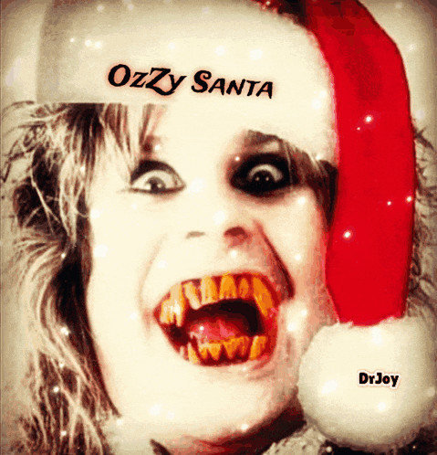 A Picture Of A Woman Wearing A Santa Hat And The Words Ozzy Santa GIF