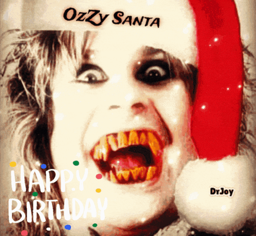A Picture Of A Woman Wearing A Santa Hat That Says Ozzy Santa Happy Birthday GIF
