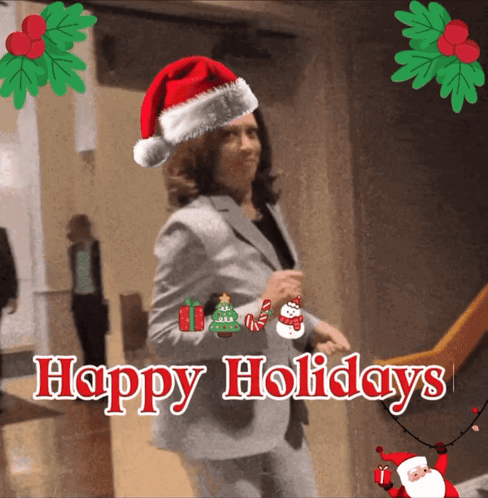 A Picture Of A Woman Wearing A Santa Hat With The Words Happy Holidays GIF