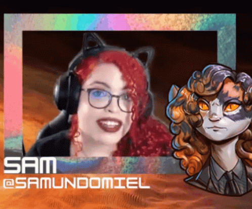 A Picture Of A Woman Wearing Headphones And A Picture Of A Cat With The Name Sam @Samundomiel GIF