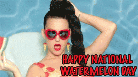 A Picture Of A Woman Wearing Sunglasses And A Watermelon With The Words Happy National Watermelon Day GIF