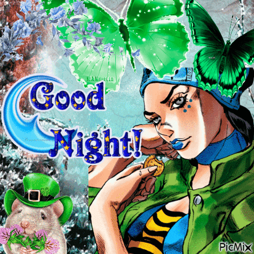 A Picture Of A Woman With A Butterfly On Her Head And The Words Good Night On The Bottom GIF