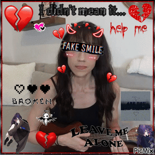 A Picture Of A Woman With A Fake Smile Sticker On Her Face GIF