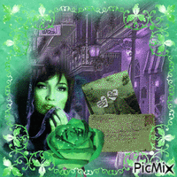 A Picture Of A Woman With A Green Rose In Front Of A Green And Purple Background GIF