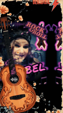 A Picture Of A Woman With A Guitar And A Sign That Says Rebel On It GIF