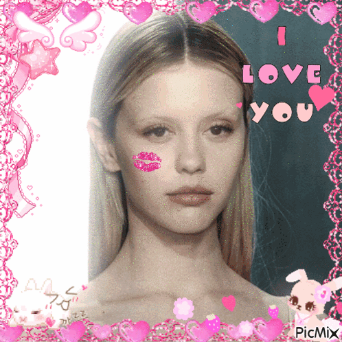 A Picture Of A Woman With A Kiss On Her Cheek And The Words " I Love You " GIF