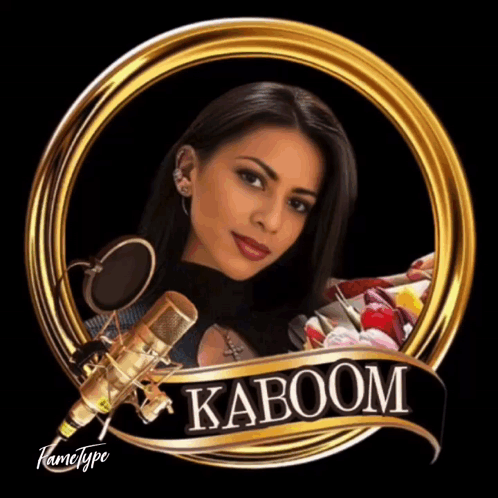 A Picture Of A Woman With A Microphone And The Word Kaboom On It GIF