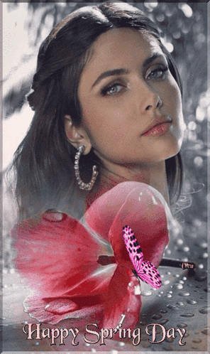 A Picture Of A Woman With A Pink Flower And The Words Happy Spring Day On The Bottom GIF