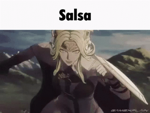 A Picture Of A Woman With A Sword And The Word Salsa GIF