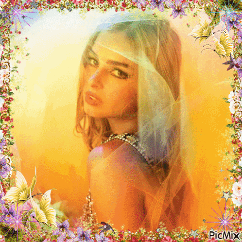 A Picture Of A Woman With A Veil On Her Head Is Surrounded By Flowers And Butterflies With The Caption Picmix GIF