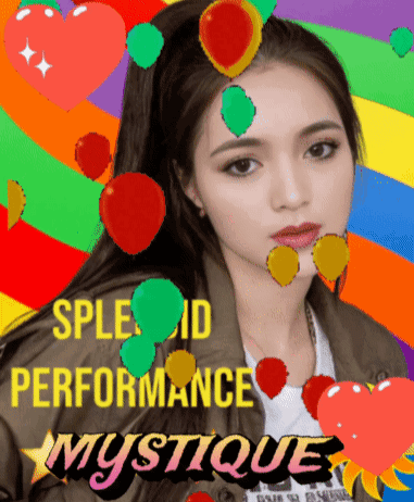 A Picture Of A Woman With Balloons On Her Head And The Words " Sple Id Performance Mystique " GIF
