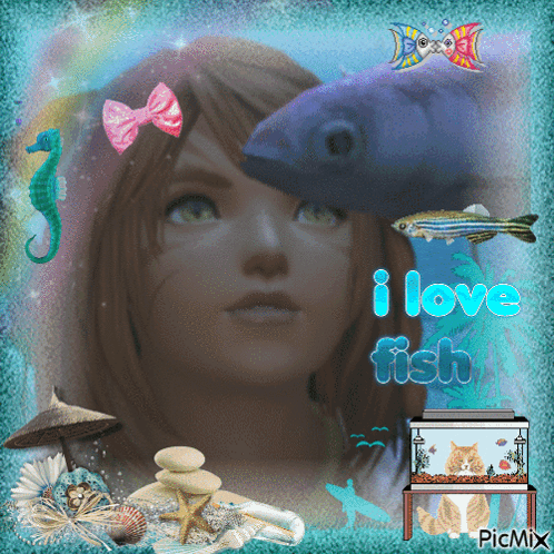 A Picture Of A Woman With Fish And The Words I Love Fish Below Her GIF