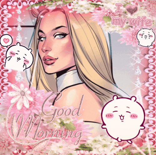 A Picture Of A Woman With Flowers And The Words Good Morning On It GIF