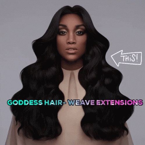A Picture Of A Woman With Goddess Hair Weave Extensions Written On It GIF