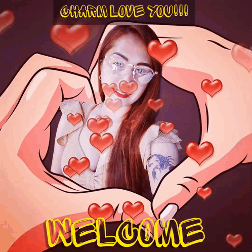 A Picture Of A Woman With Hearts Around Her And The Words Charm Love You Welcome GIF