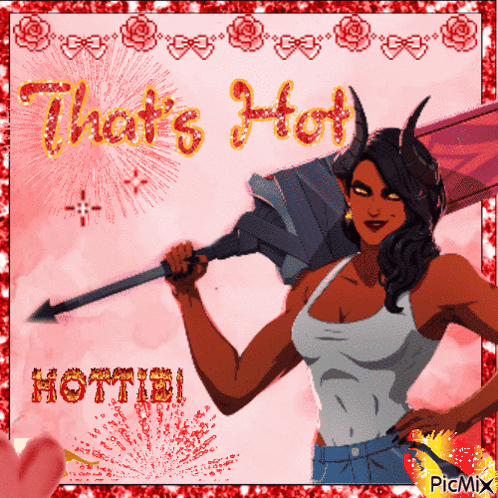 A Picture Of A Woman With Horns Holding A Large Sword That Says That 'S Hot Hottie GIF