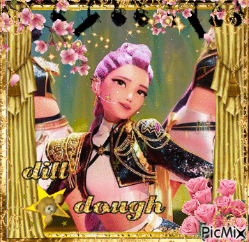 A Picture Of A Woman With Purple Hair Is Surrounded By Pink Flowers And The Words " Dill Dough " GIF