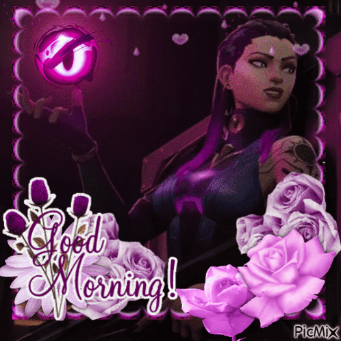 A Picture Of A Woman With Purple Roses And The Words Good Morning On The Bottom GIF