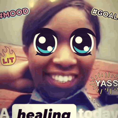 A Picture Of A Woman With Stickers On Her Face Including One That Says Lit On It GIF