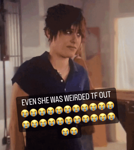 A Picture Of A Woman With The Caption " Even She Was Weirded Tf Out " On It GIF