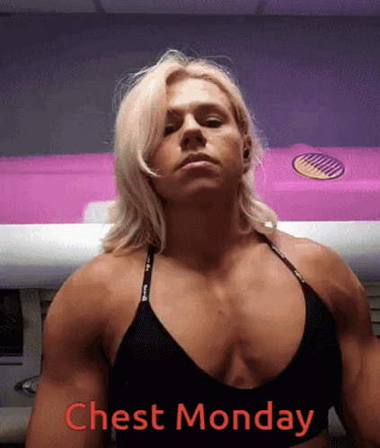A Picture Of A Woman With The Words " Chest Monday " On It GIF