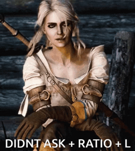 A Picture Of A Woman With The Words Didnt Ask + Ratio + L On It GIF