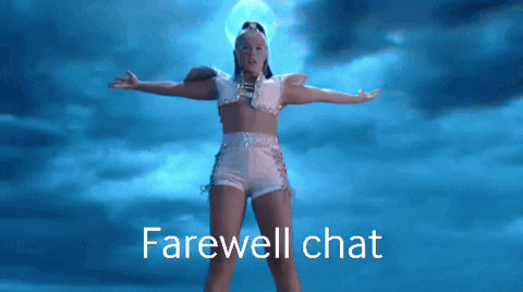 A Picture Of A Woman With The Words Farewell Chat On The Bottom GIF
