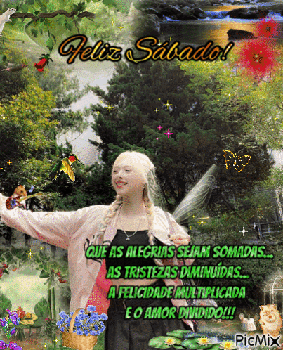 A Picture Of A Woman With The Words Feliz Sabado Written On It GIF