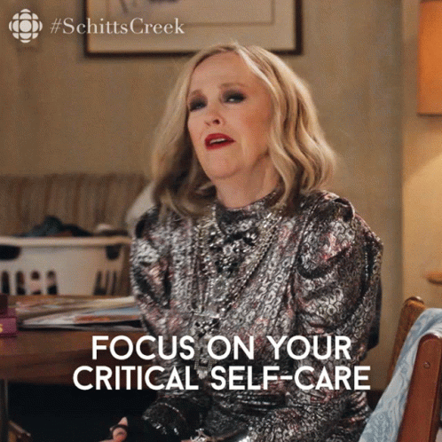 A Picture Of A Woman With The Words Focus On Your Critical Self-Care Below Her GIF