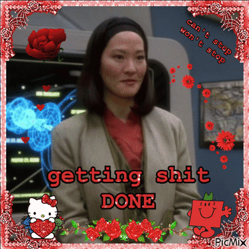 A Picture Of A Woman With The Words " Getting Shit Done " GIF