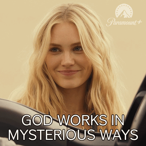 A Picture Of A Woman With The Words God Works In Mysterious Ways Below Her GIF