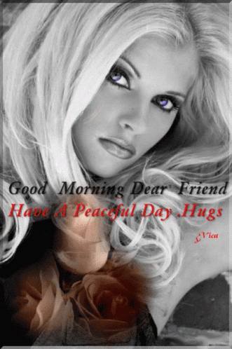 a picture of a woman with the words good morning dear friend have a peaceful day hugs on it