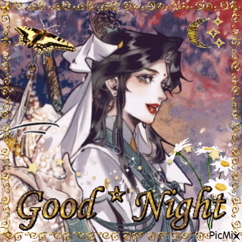 A Picture Of A Woman With The Words " Good Night " On The Bottom GIF