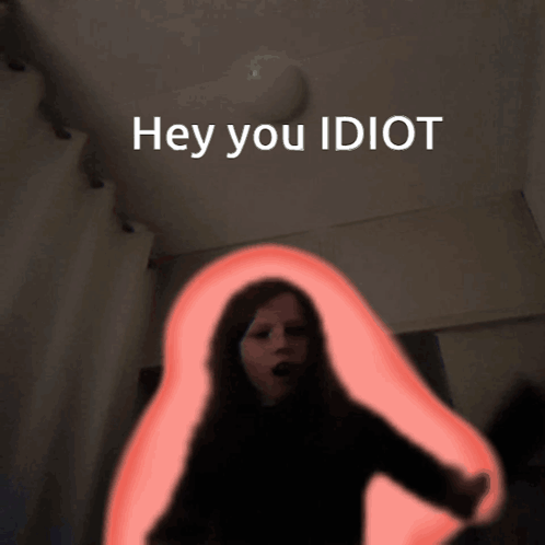 a picture of a woman with the words hey you idiot written above her