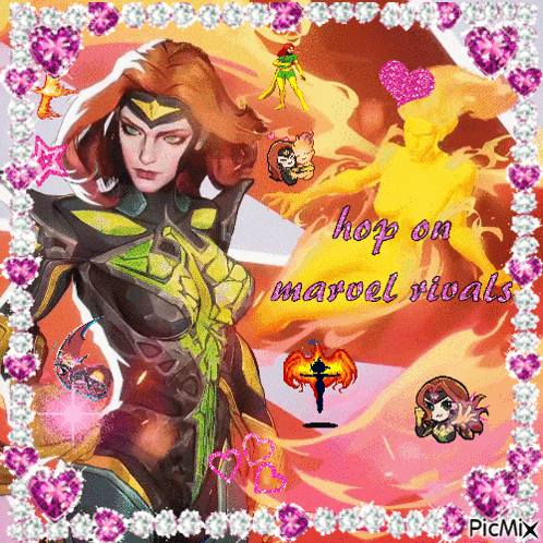 A Picture Of A Woman With The Words " Hop On Marvel Rivals " GIF