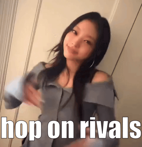 A Picture Of A Woman With The Words Hop On Rivals On It GIF