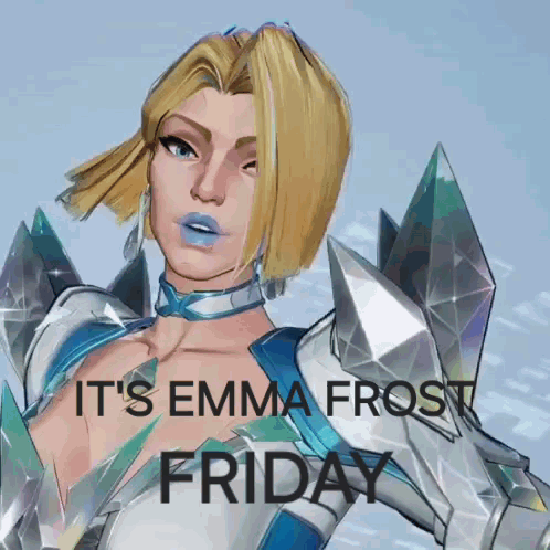A Picture Of A Woman With The Words " It 'S Emma Frost Friday " On It GIF